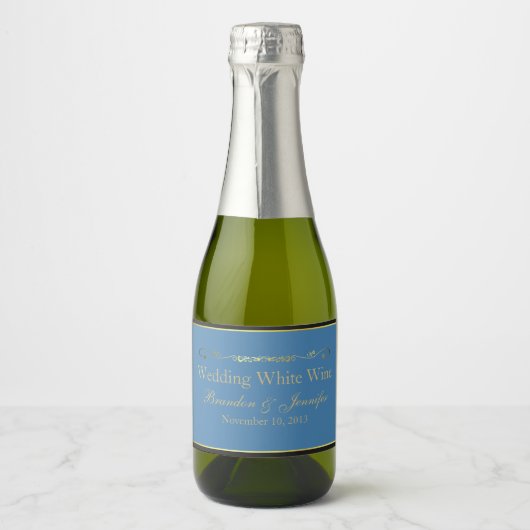 Aangepaste blauwe, zwarte en gouden bruiloft sparkling wijnetiket (Voorkant)