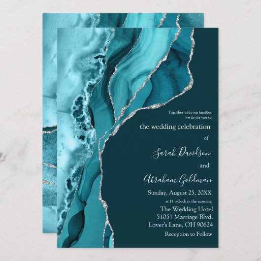 Aangepaste Blauwgroen Agaat Zilver Glitter Bruilof Kaart (Voorkant / Achterkant)