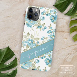 Aangepaste Blauwgroen Aqua Blue Sage Green Flowers iPhone 15 Pro Max Case