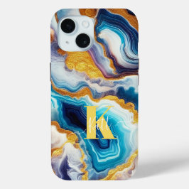 Aangepaste Blauwgroen Aqua Golden Agate Monogram iPhone 15 Case