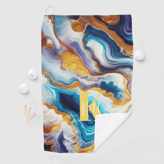 Aangepaste Blauwgroen Aqua Golden Agate Monogram Golfhanddoek (Insitu)