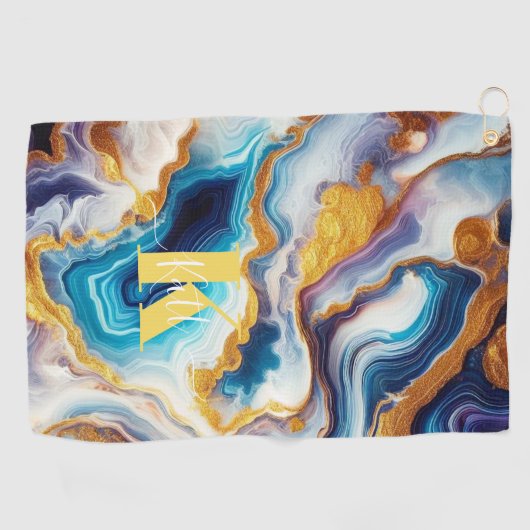 Aangepaste Blauwgroen Aqua Golden Agate Monogram Golfhanddoek (Horizontaal)