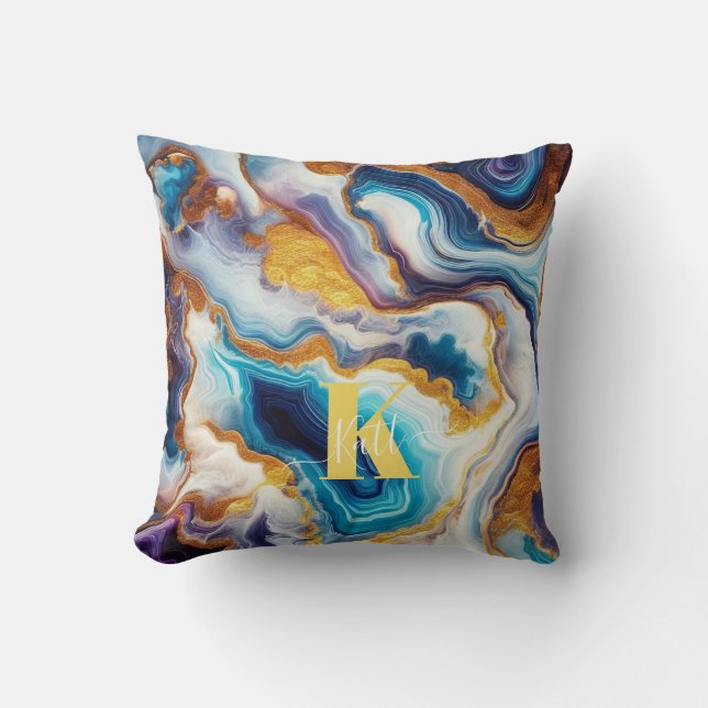 Aangepaste Blauwgroen Aqua Golden Agate Monogram Kussen (Voorkant)