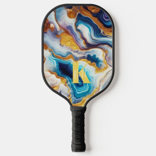 Aangepaste Blauwgroen Aqua Golden Agate Monogram Pickleball Paddle (Voorkant)