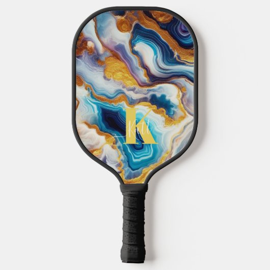 Aangepaste Blauwgroen Aqua Golden Agate Monogram Pickleball Paddle (Achterkant)