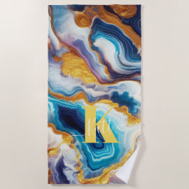 Aangepaste Blauwgroen Aqua Golden Agate Monogram Strandlaken