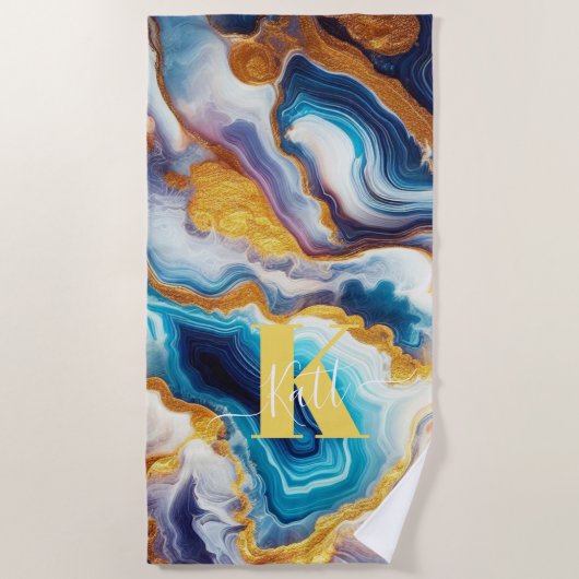 Aangepaste Blauwgroen Aqua Golden Agate Monogram Strandlaken (Voorkant)