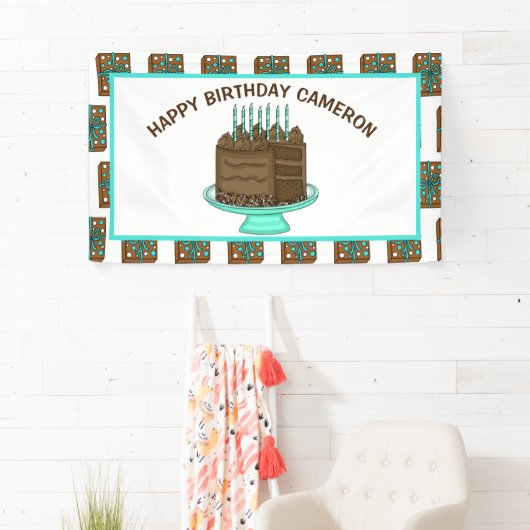 Aangepaste Blauwgroen en bruine Happy Birthday Spandoek (Insitu)