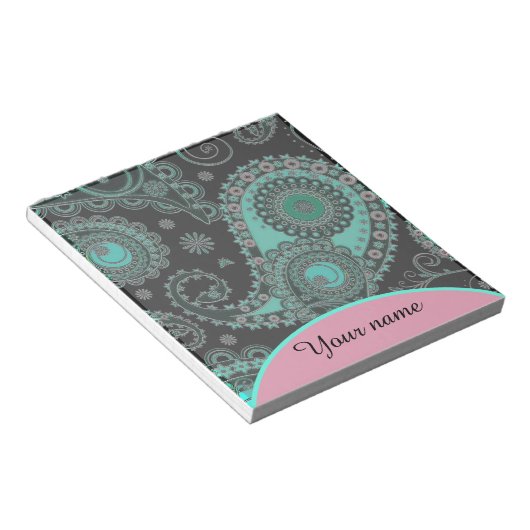 Aangepaste Blauwgroen en roze paisley Notitieblok (Schuin)