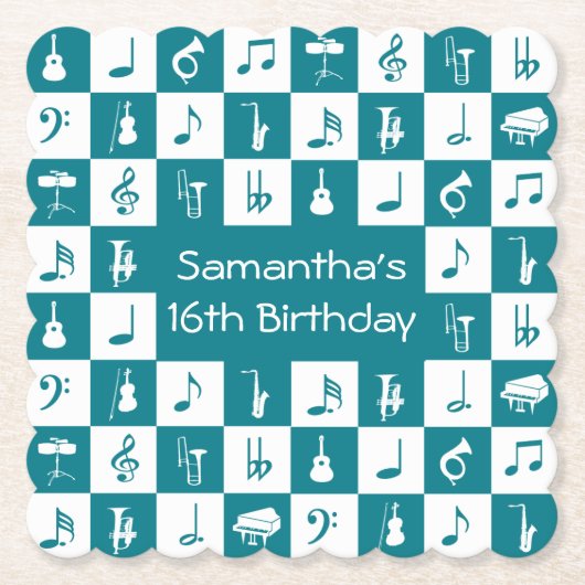Aangepaste blauwgroen en witte muzieknoten en inst kartonnen onderzetters (Voorkant)
