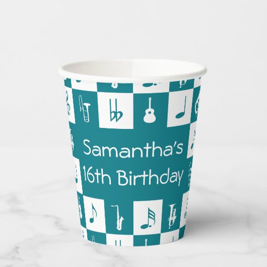 Aangepaste blauwgroen en witte muzieknoten en inst papieren bekers (Links)