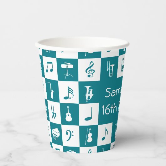 Aangepaste blauwgroen en witte muzieknoten en inst papieren bekers (Voorkant)