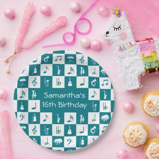 Aangepaste blauwgroen en witte muzieknoten en inst papieren bordje (Feest)
