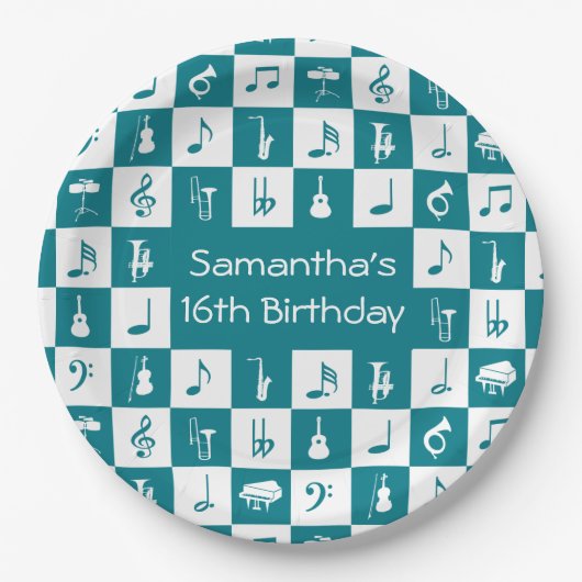 Aangepaste blauwgroen en witte muzieknoten en inst papieren bordje (Voorkant)