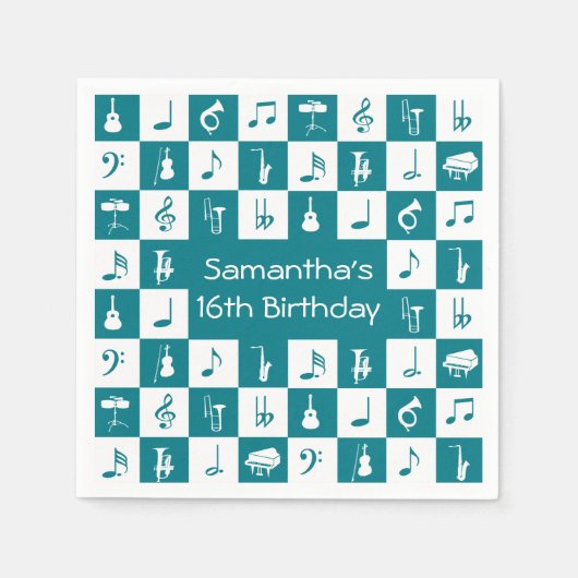 Aangepaste blauwgroen en witte muzieknoten en inst servet (Voorkant)