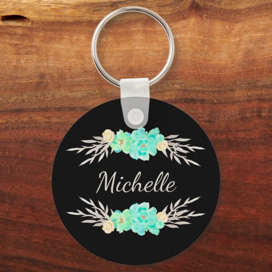 Aangepaste blauwgroen en zilvermonogram-Sleutelhan Sleutelhanger (Voorkant)