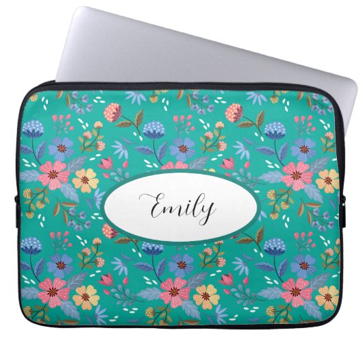 Aangepaste Blauwgroen Floral-laptophoes Laptop Sleeve (Voorkant)