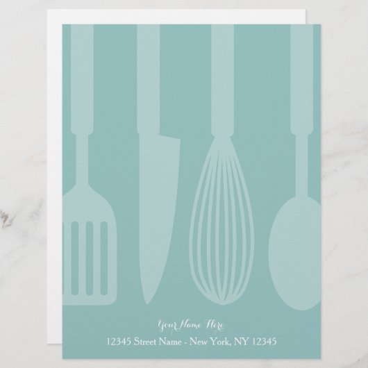 Aangepaste blauwgroen keukengerei met briefhoofd (Voorkant / Achterkant)