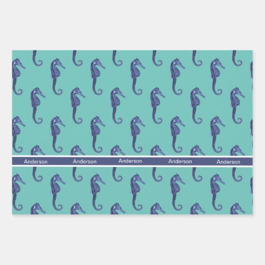 Aangepaste blauwgroen monogrammen van het zeepaard inpakpapier vel (Voorkant 3)