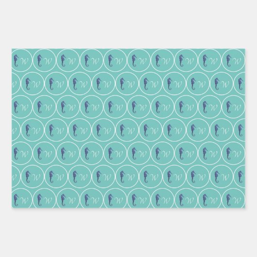 Aangepaste blauwgroen monogrammen van het zeepaard inpakpapier vel (Voorkant 2)