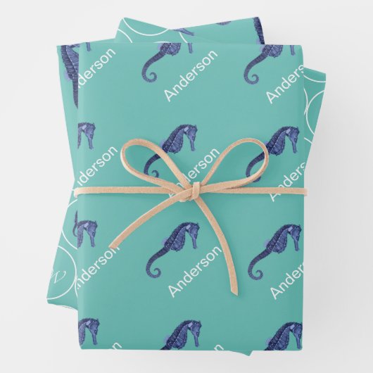 Aangepaste blauwgroen monogrammen van het zeepaard inpakpapier vel (In situ)