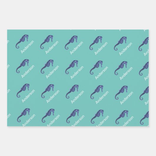 Aangepaste blauwgroen monogrammen van het zeepaard inpakpapier vel (Voorkant)