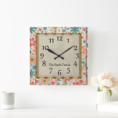 Aangepaste Blauwgroen Oranje rode bloemen op grijs Vierkante Klok (Huis)