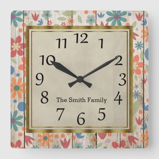 Aangepaste Blauwgroen Oranje rode bloemen op grijs Vierkante Klok (Voorkant)