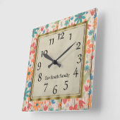 Aangepaste Blauwgroen Oranje rode bloemen op grijs Vierkante Klok (Hoek)