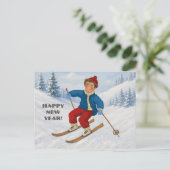 Aangepaste blije skiër feestdagenkaart (Staand voorkant)