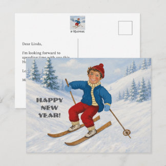 Aangepaste blije skiër feestdagenkaart