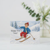Aangepaste blije skiër feestdagenkaart (Staand voorkant)