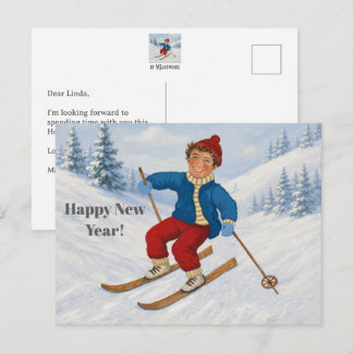 Aangepaste blije skiër feestdagenkaart
