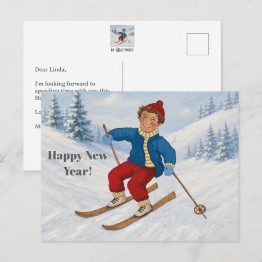 Aangepaste blije skiër feestdagenkaart (Voorkant / Achterkant)