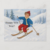 Aangepaste blije skiër feestdagenkaart (Voorkant)