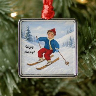 Aangepaste blije skiër metalen ornament