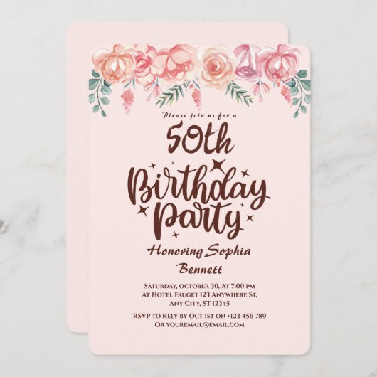Aangepaste bloem 50ste verjaardagsfeest uitnodigin kaart (Voorkant / Achterkant)