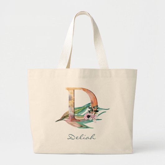 Aangepaste bloem D Letter Waterverf Blad Monogram Grote Tote Bag (Voorkant)