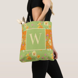 Aangepaste bloem Groene Floral Monogrammed Tote Bag