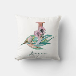 Aangepaste bloem J Letter Waterverf Blad Monogram Kussen