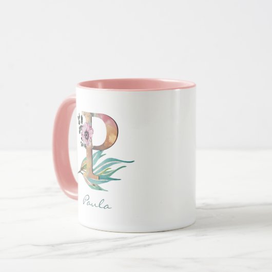 Aangepaste bloem P Letter Waterverf Lof Monogram Mok (Voorkant links)