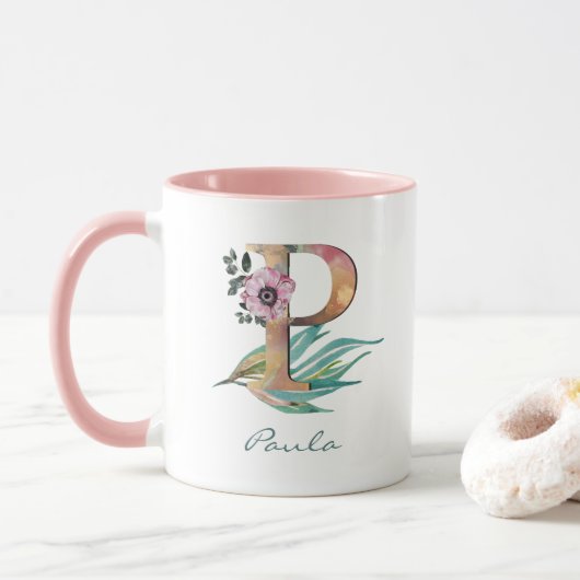 Aangepaste bloem P Letter Waterverf Lof Monogram Mok (Met donut)