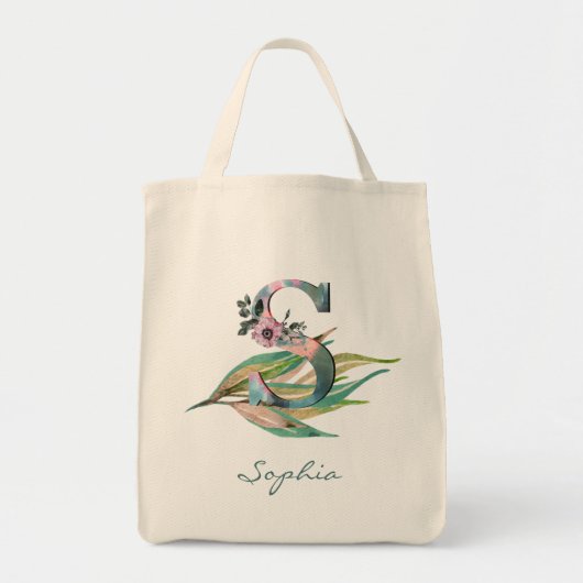 Aangepaste bloem S Letter waterverf bladmonogram Tote Bag (Voorkant)