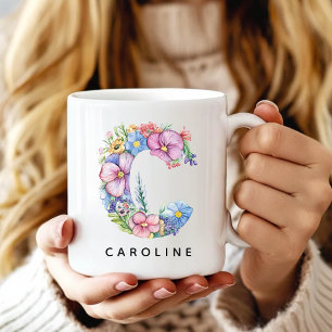 Aangepaste bloemalfabetbeker voor haar, cadeau voo koffiemok