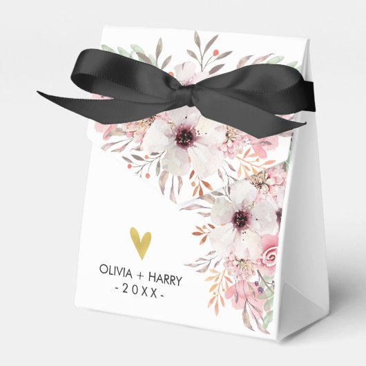 Aangepaste Bloemen Goud Hart Trouwgunstbox | Wit Bedankdoosjes (Voorkant Zijde)