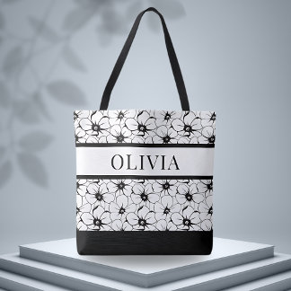 Aangepaste Bloemen Zwart & Wit Patroon Tote Bag