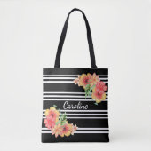 Aangepaste bloemenaquarel zwart-wit gestreept tote bag (Voorkant)