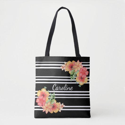 Aangepaste bloemenaquarel zwart-wit strepen tote bag (Voorkant)