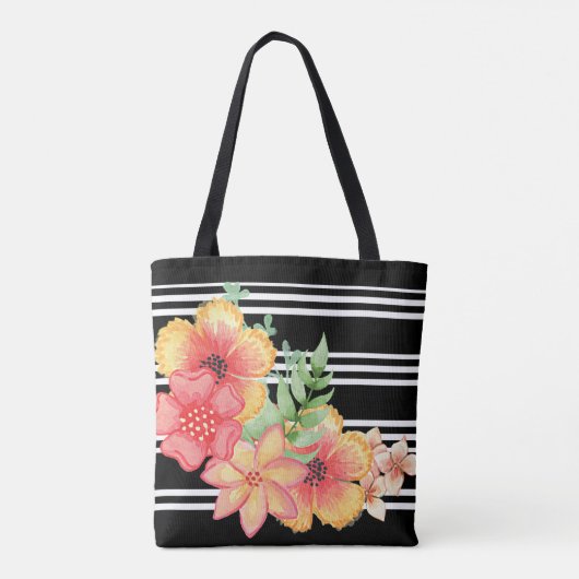 Aangepaste bloemenschildering in waterverf zwart w tote bag (Achterkant)