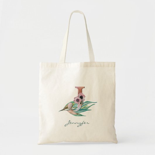 Aangepaste bloemige J Letter Waterverf Blad Monogr Tote Bag (Voorkant)